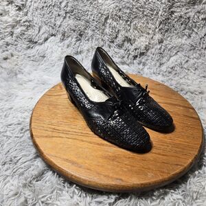Vintage Handmade Women Size 7-7.5 Black Oxford Heel Woven Toe Shoe Made In Japan